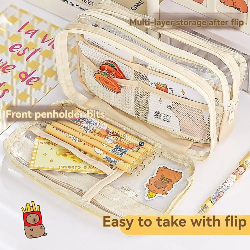 Capybara Pencil Case Transparent Partition Mesh Pocket Pen Bag Large Capacity Multi-functional Stationery Storage Pouch