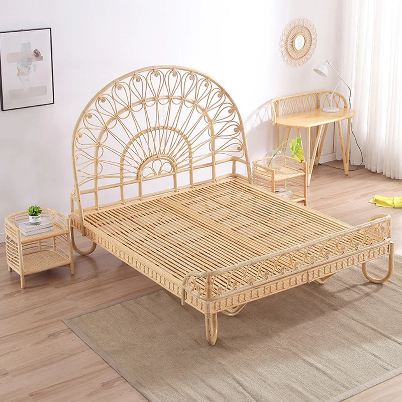 

Home Hotel Furniture for Bedroom Wood Woven Natural Rattan 1.2m 1.5m 1.8m Flower Shape Child Beds Woven Rattan Bed for Children