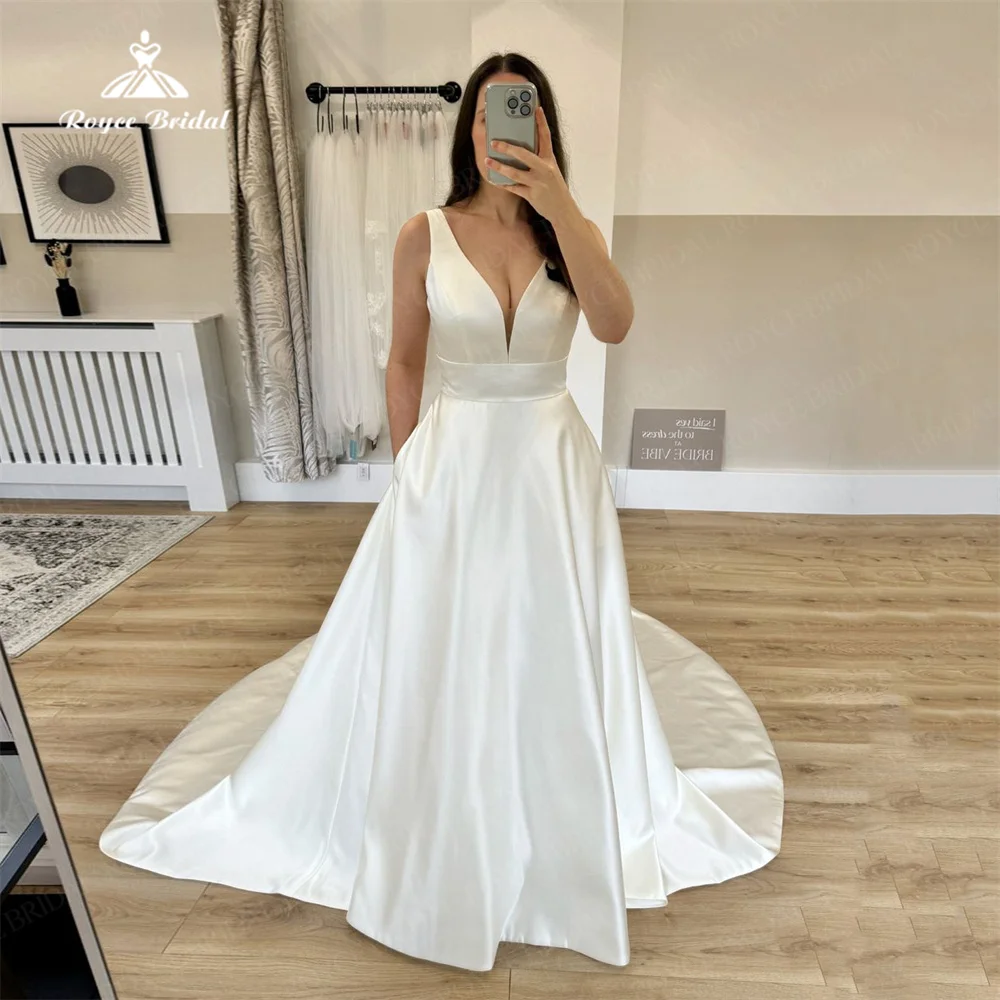 Bohemain Satin A Line Wedding Dress Sexy V Neck Sleeveless Ivory Customize Plus Size Bridal Gowns Backless With Sweep Train