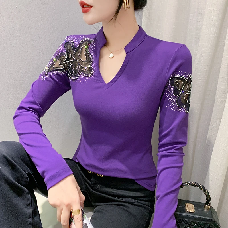 Autumn Winter Long Sleeved Women's T-Shirt Elegant Slim V-Neck Sexy Hollow Out Hot Diamond Luxury And High-end Tee Tops