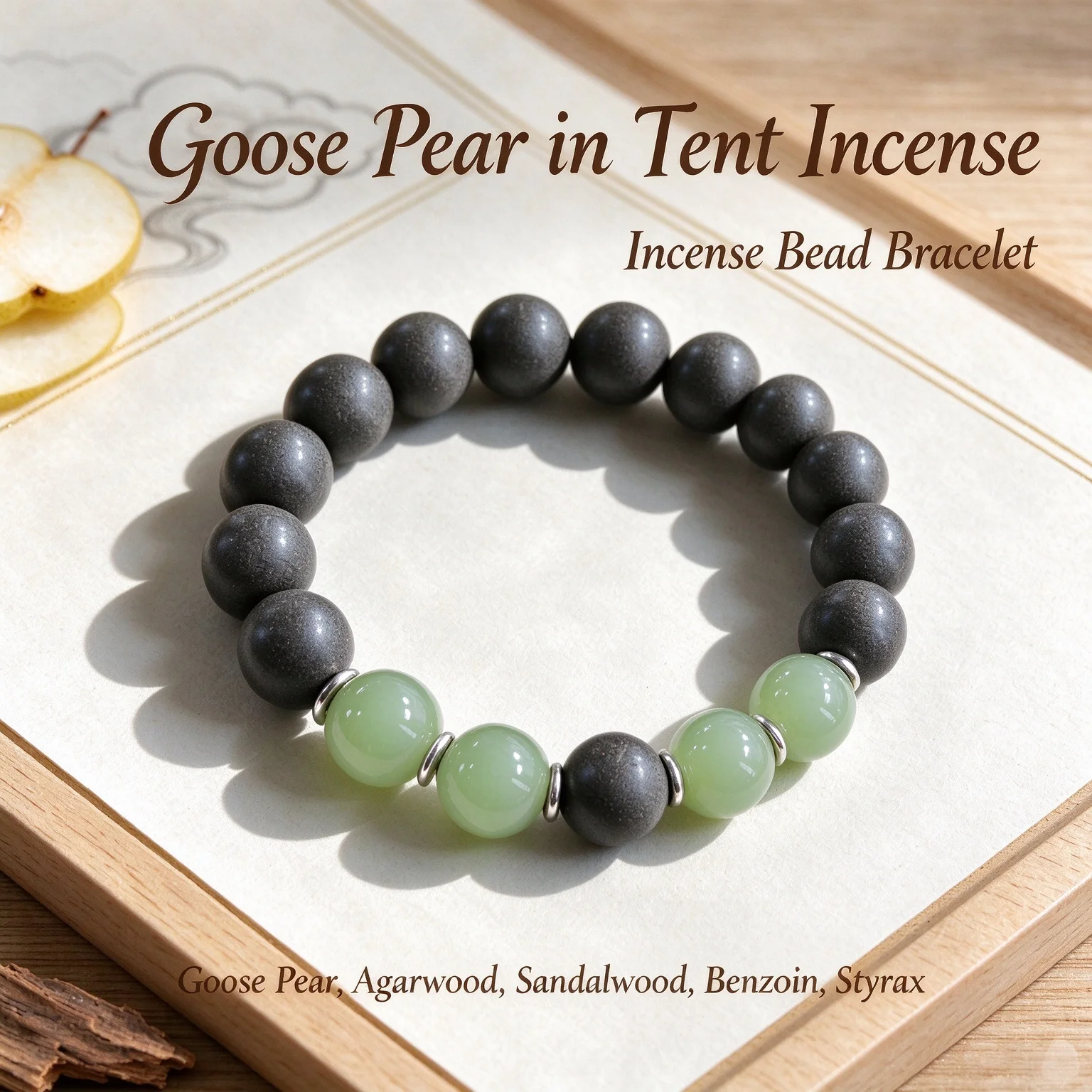 Herbal Incense Bead Bracelet, Pear Aroma, Matte Beads, Light Green Quartz, Silver Spacers, New Chinese Style Jewelry