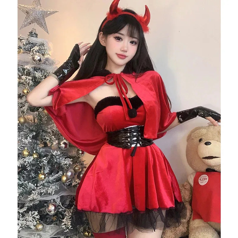 

a7d@Women Velour Sexy Christmas Skirt Cosplay Costumes Winter Cute Christmas Shawl Dress New Year Party Dress Female Kawaii Cloa