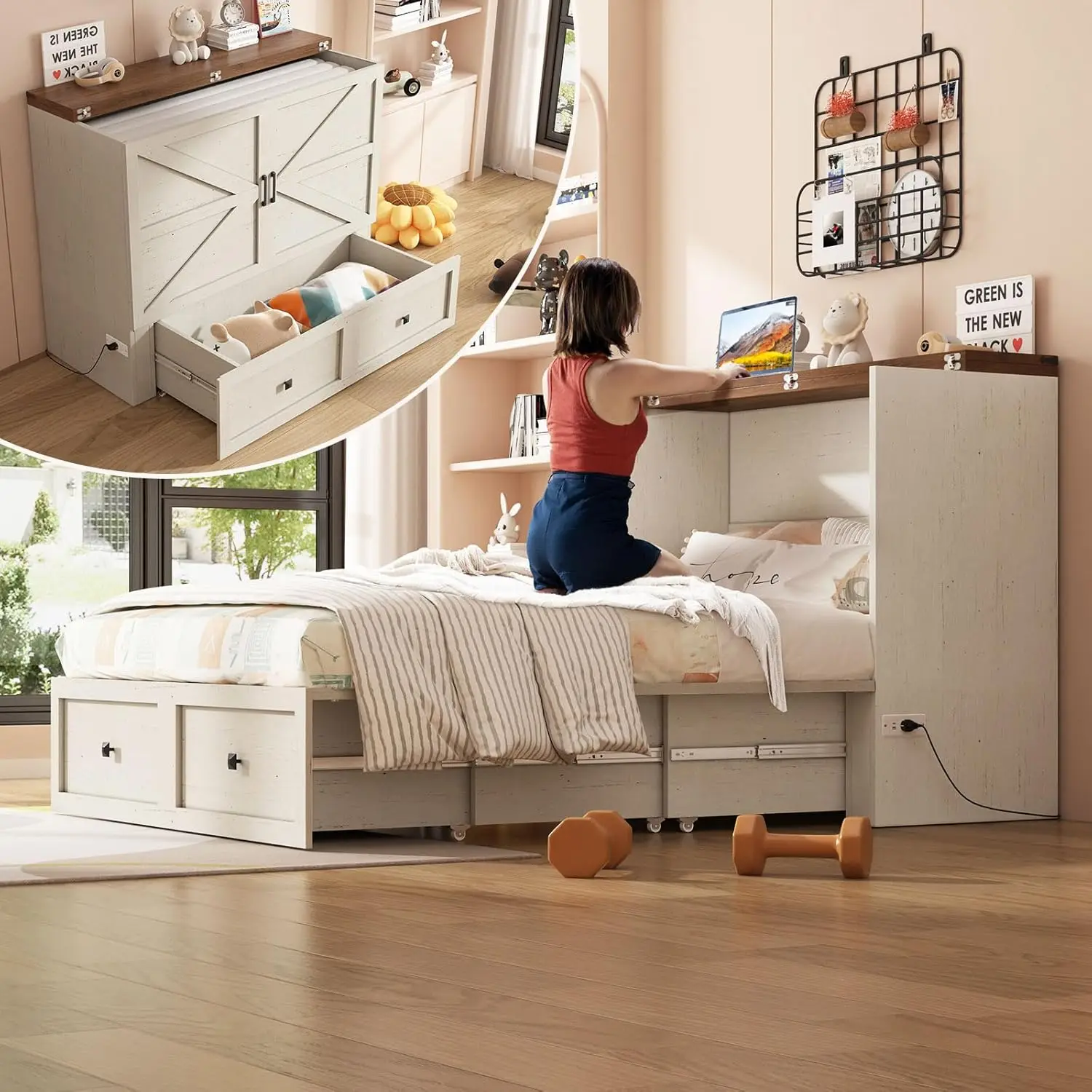 سرير ميرفي على طراز المزرعة مع مساحة تخزين ولوحة قابلة للطي ومحطة شحن لغرفة نوم الضيوف الهادئة