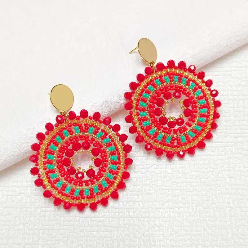 Beaded earrings Roundness Red Intersperse Originality Graph Hand knitting Bohemia Alloy Tide Simple Rice bead earrings