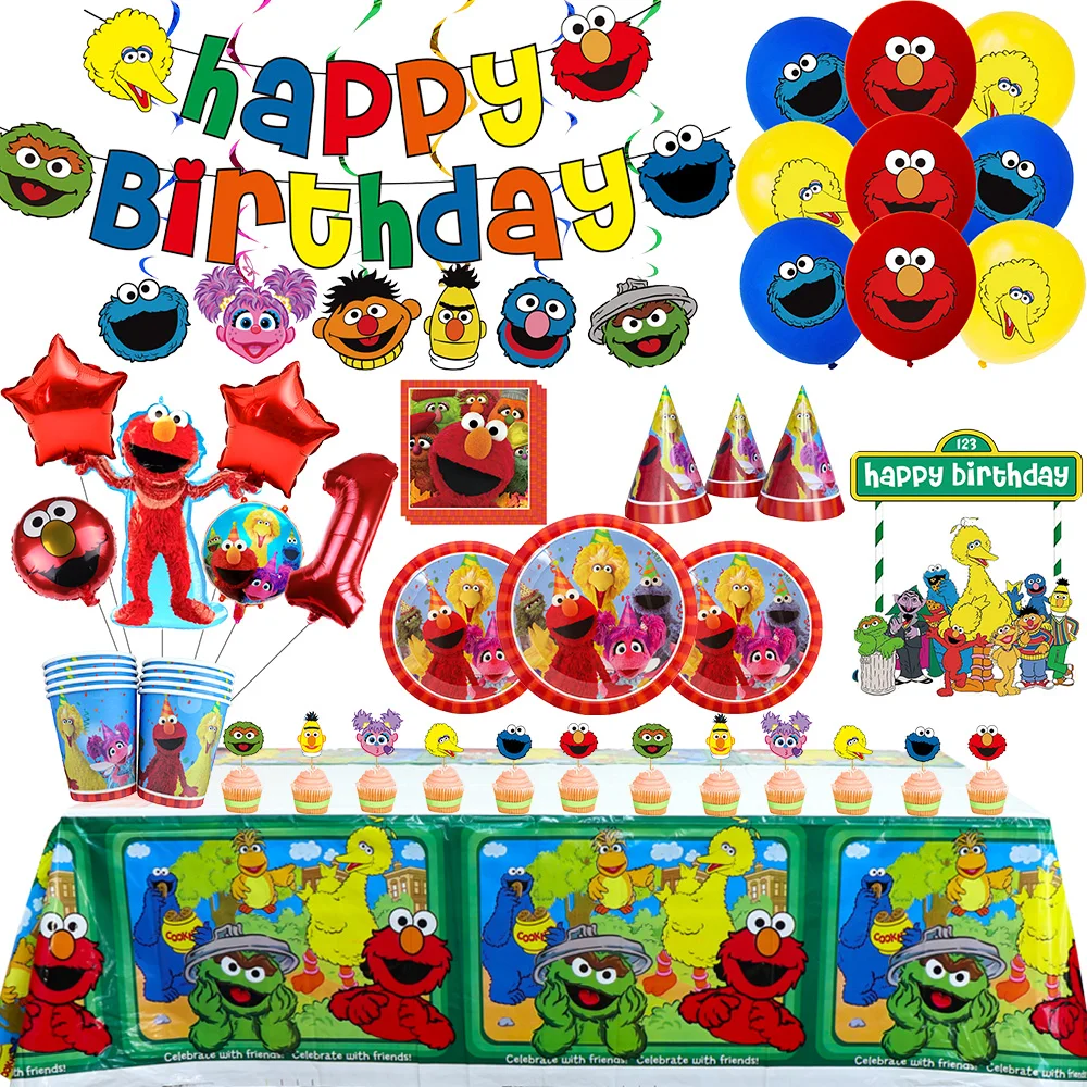 Decoración de fiesta de cumpleaños de Barrio de sésamo de dibujos animados, mantel temático de Elmo y amigos, plato, juego de globos, decoración de pasteles, Baby Shower