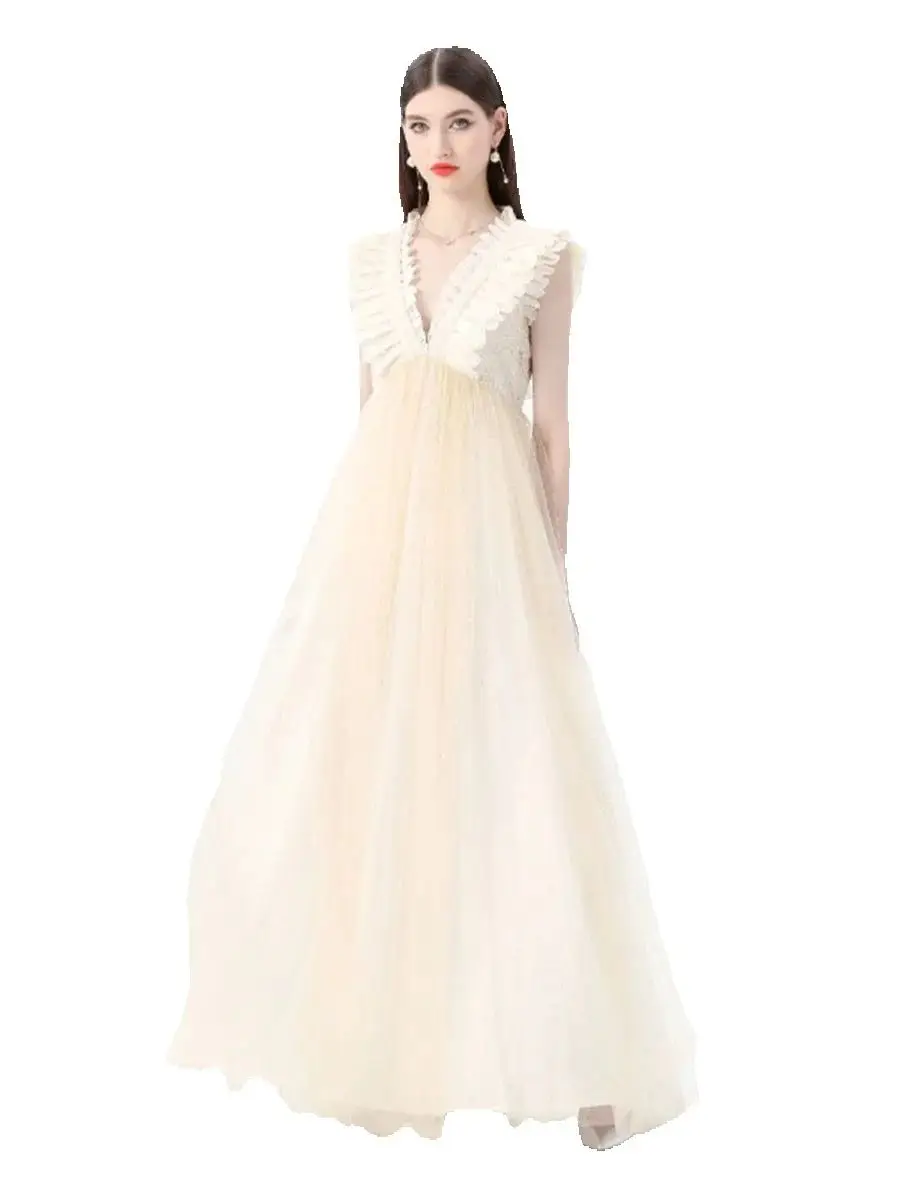 

Summer Luxury Embroidered Lace V-Neck Sleeveless Wedding Evening Dresses Women's Splice Mesh Birthday Party Dresses