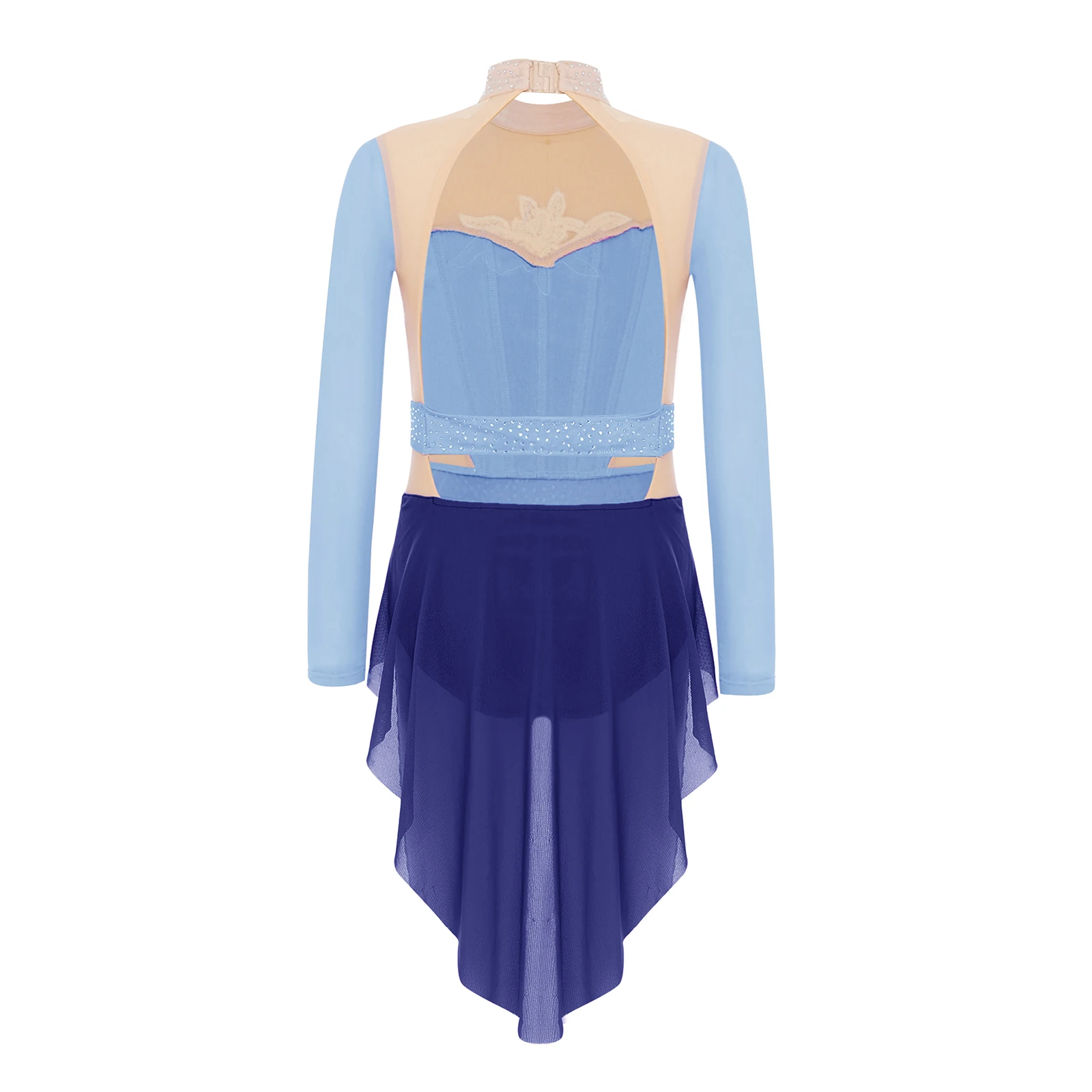 Maglia da balletto per ginnastica per ragazze Costume da ballo moderno per pattinaggio lirico Collo a lupetto Manica lunga Strass lucidi Body con gonna in rete