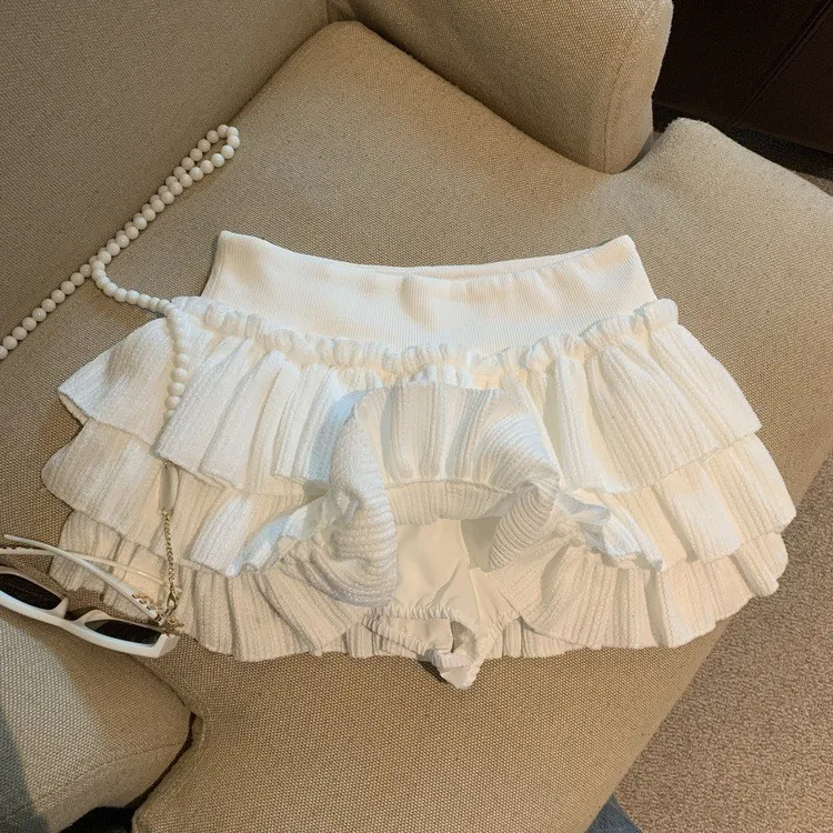 Y2K Women's Skirt Short Tiered White Skirts High Waist Pleated Ruffle Mini Skirt Black Ribbed Waistband Cute A Line Skirt