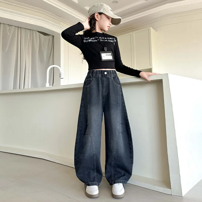 الفتيات المرقعة الجينز 2025 الخريف نمط جديد في سن المراهقة الأطفال فضفاض واسعة الساق الدنيم السراويل ملابس الأطفال #5