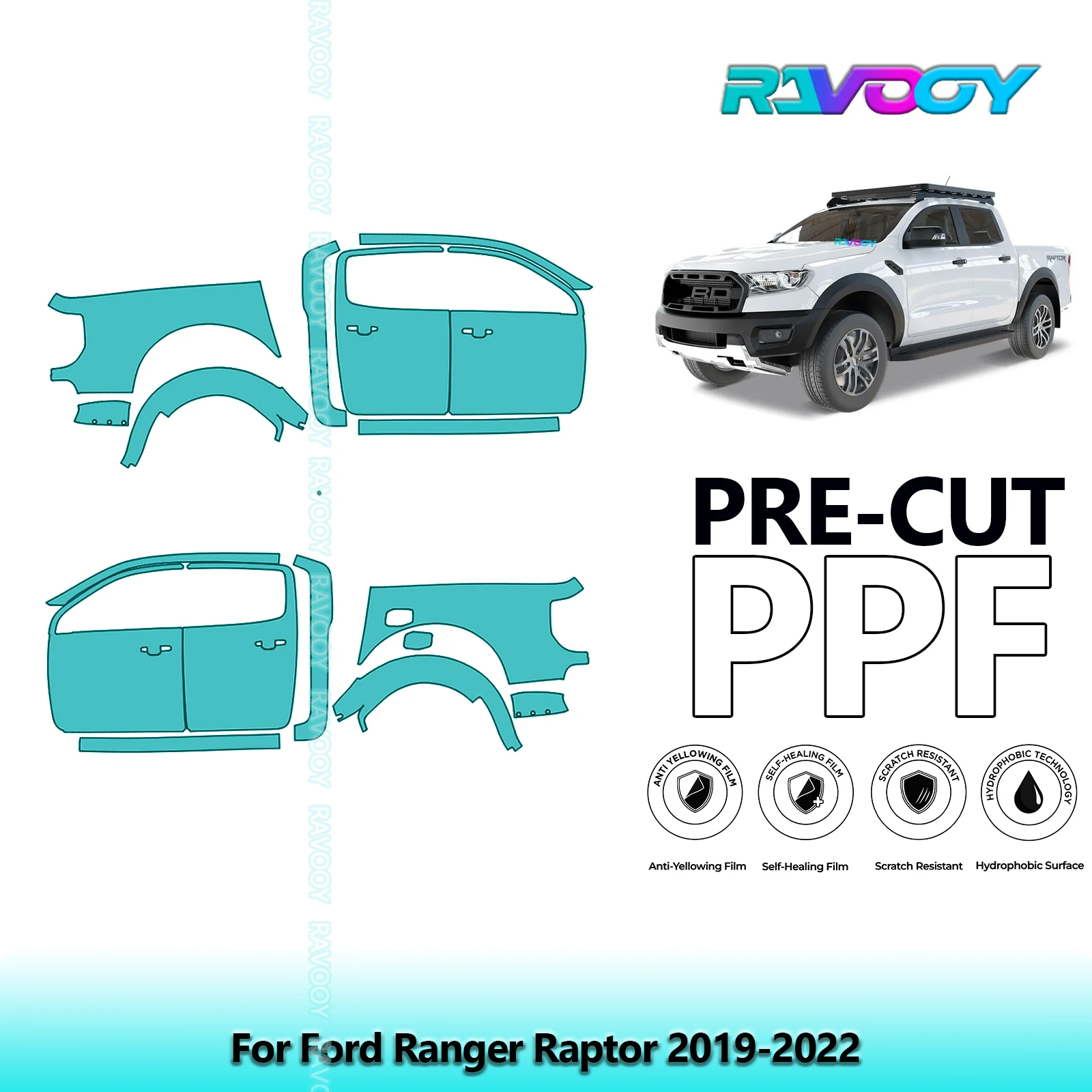 

For Ford Ranger Raptor 2019-2022 8.5mil Clear Matte Pre-Cut PPF Door & A/B Pillar Kit TPU Paint Protection Film Set