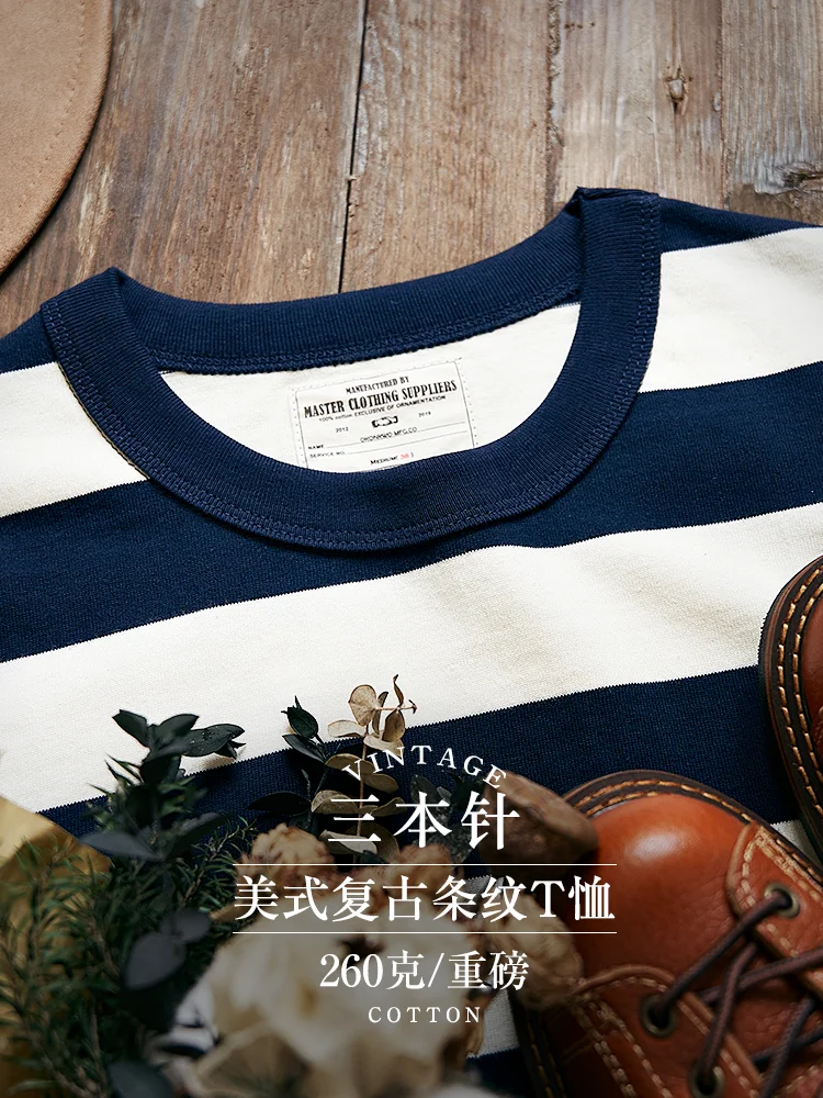 Summer New American Retro Heavyweight Stripe Short-sleeved T-shirt Men\'s Fashion Simple 100% Cotton Washed Casual Sport Tops