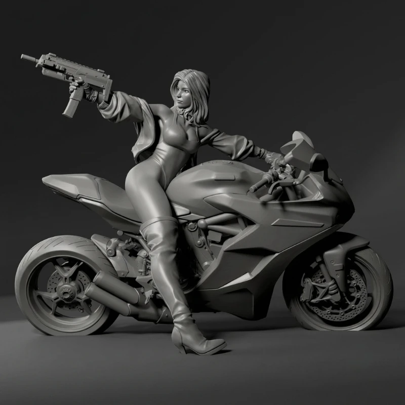 75-mm-Druckguss-Harzfiguren-Modellbausatz im Maßstab 1:24, coole Biker-Mädchen-Figur mit Motorrad, Hobby-Miniaturspielzeug, unmontiertes, unbemaltes Diorama