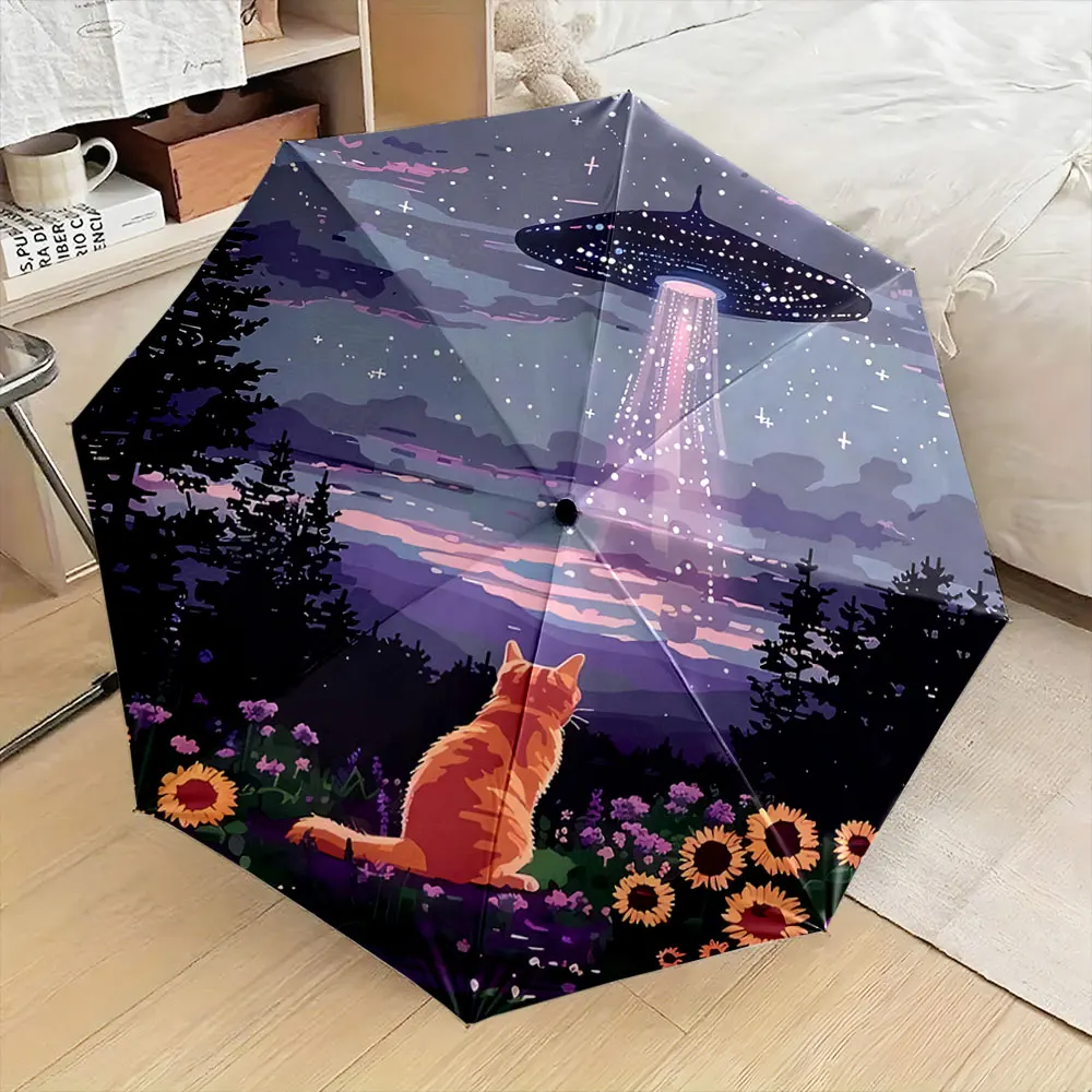 Magical Night Scene: Cat and UFO in Flower Field Compact Fashion Folding Umbrella for Daily Use, Christmas Gift