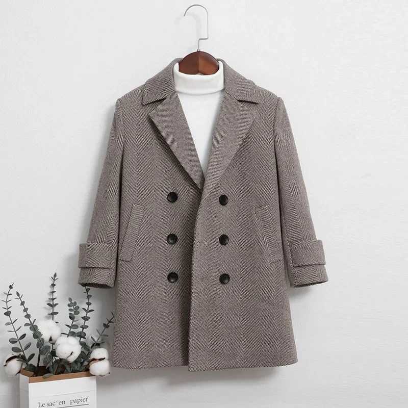 Boys Girls Winter Thick Warm Wool Coat Kids Windproof Cotton Padded Long Jacket Children Fromal Woolen Coat Teens Clothes