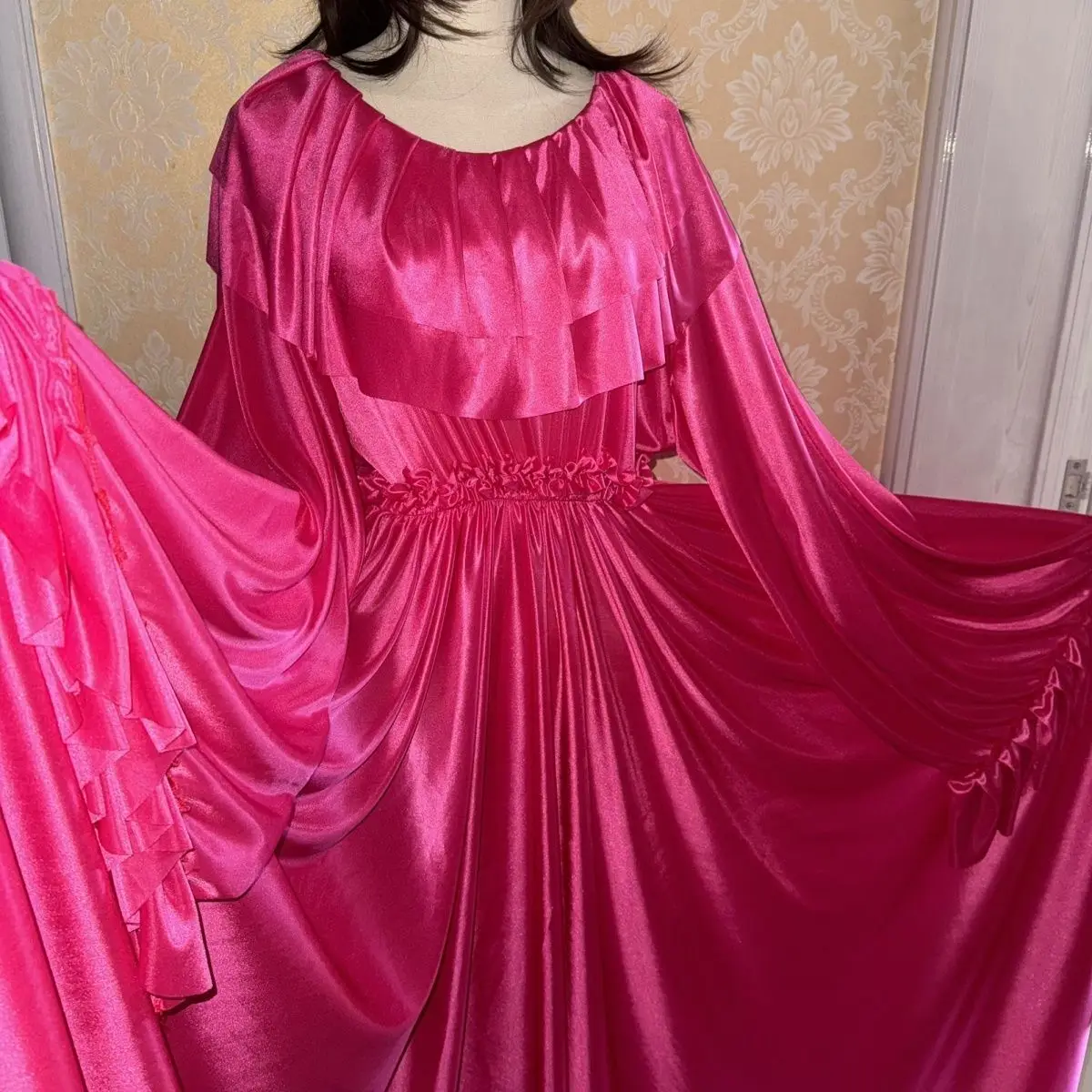 Glossy Rose Women Ruffles Satin Long Sleeve Dress Loose Maxi Dress Plus Size Sleeping Robe