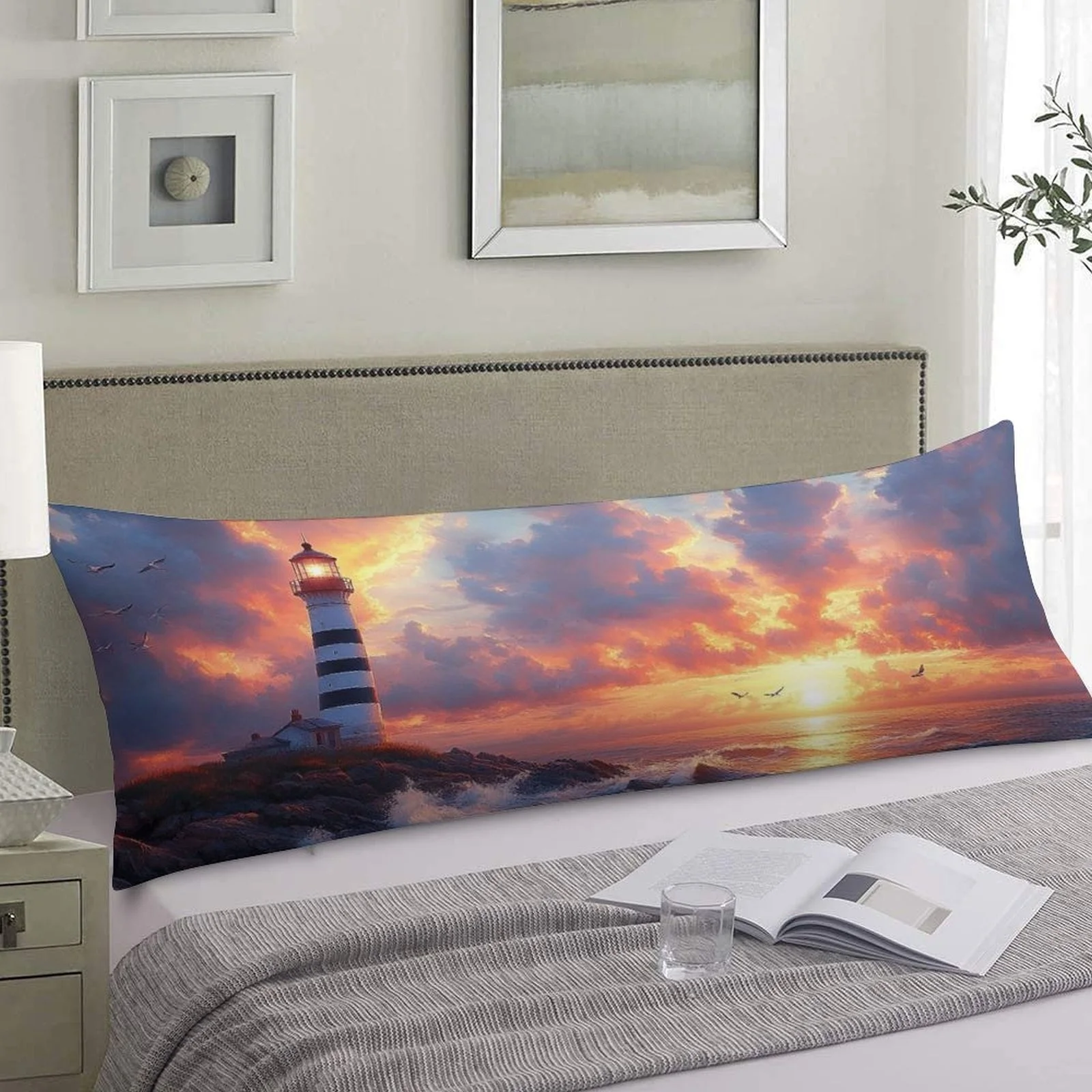 Lighthouse Sunset Design Pillowcase, Stylish Long Fluffy Bolster Pillow Cover, Soft and Comfortable Decorative Double-Sided Prin