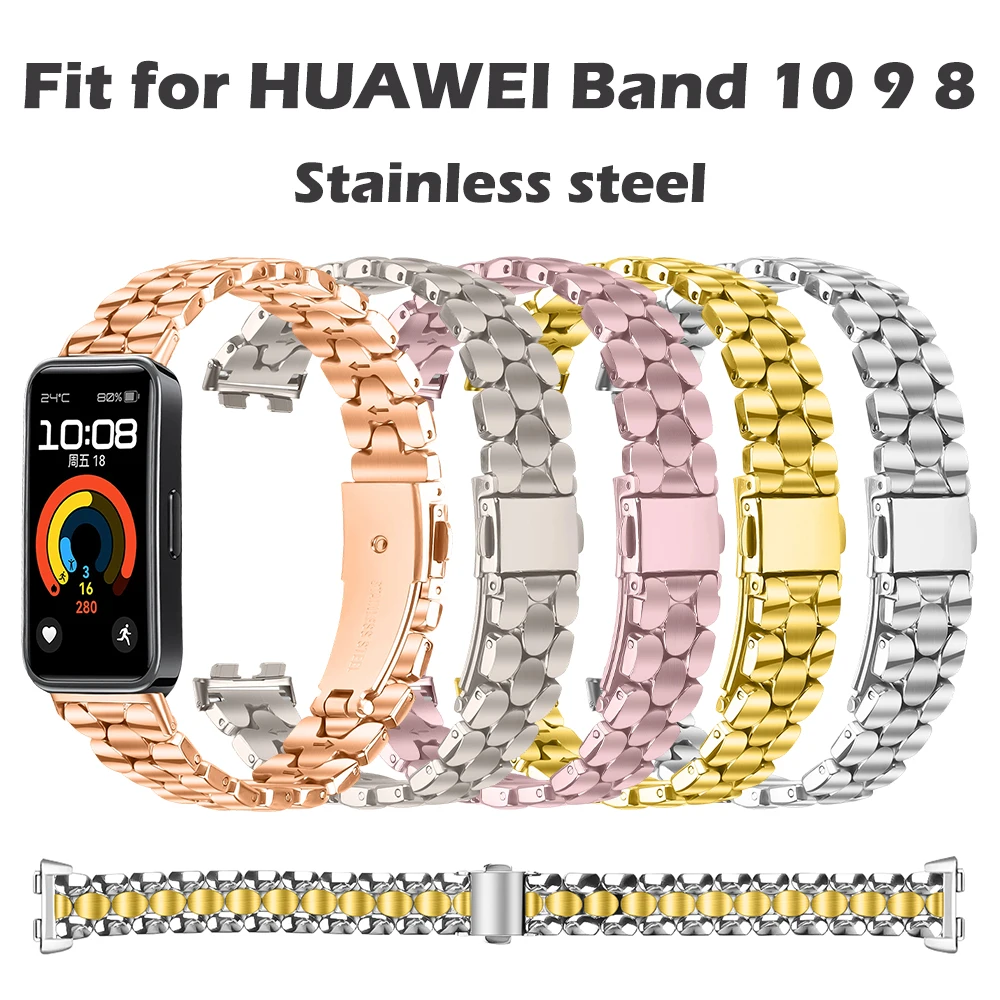 

Регулируемый ремешок из нержавеющей стали с жемчужным декором и металлической застежкой, универсальный сменный браслет для Huawei Band 10/9/8