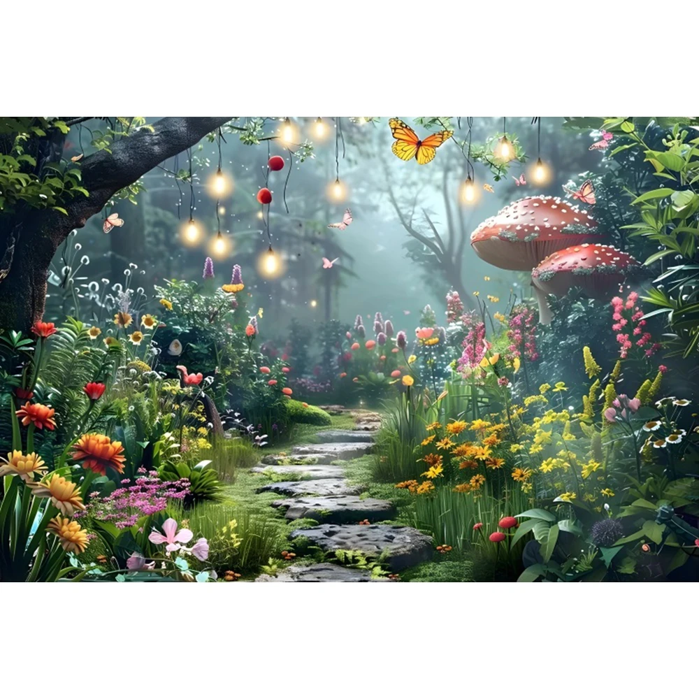 Fairy Tale Enchanted Forest Backdrop Wonderland Dreamy Jungle Mushroom Baby Birthday Party Photography Background  Photo Studio