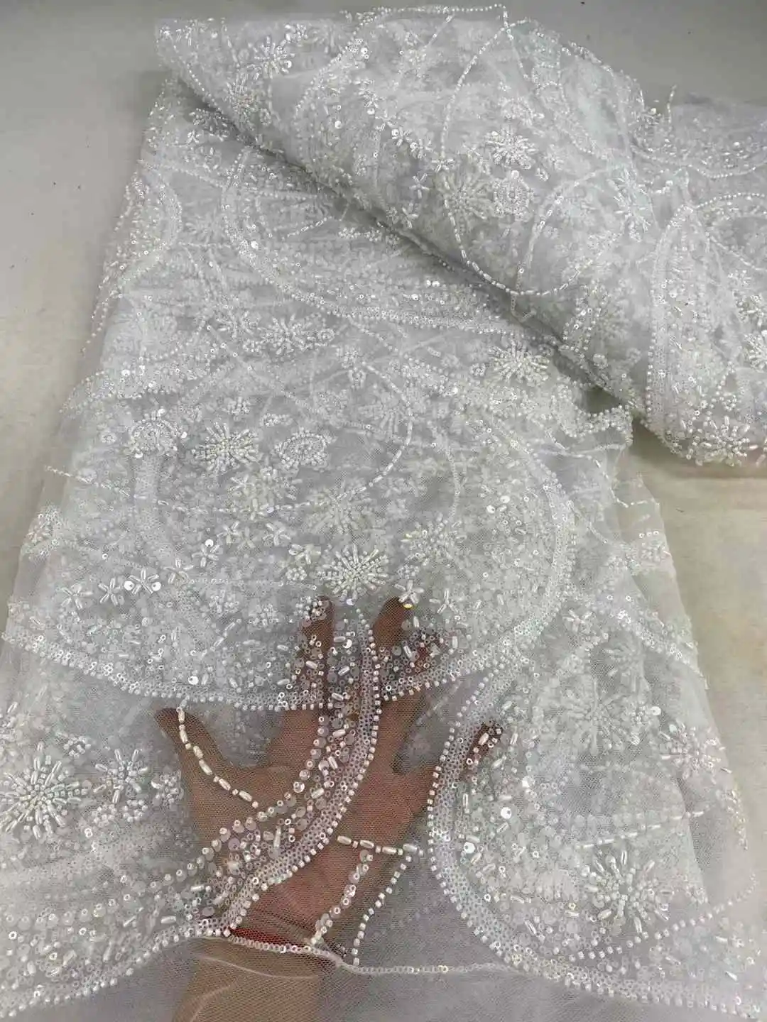 2025Latest Best Quality Luxurious Soft  white Elegant Tulle Lace With Lots Stones Fabric for Bride Wedding Party Dress NN6578_R