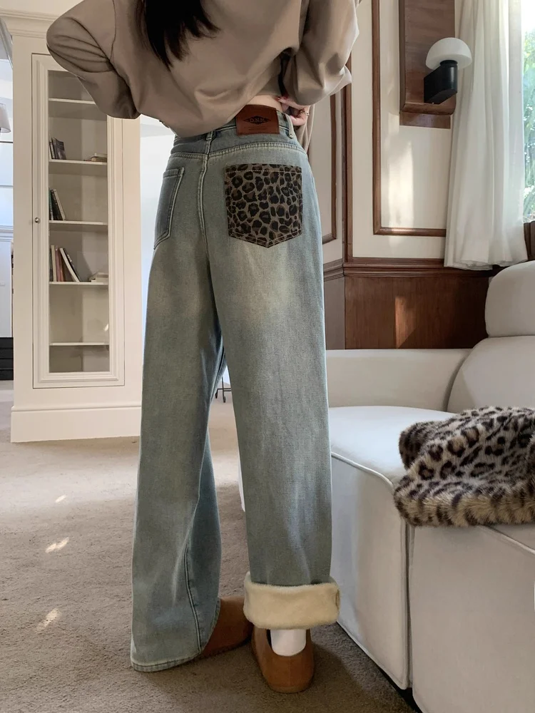 

Джинсы с высокой талией и широкими штанинами на флисе, свободного прямого кроя, модные женские длинные брюки с трендовым леопардовым принтом