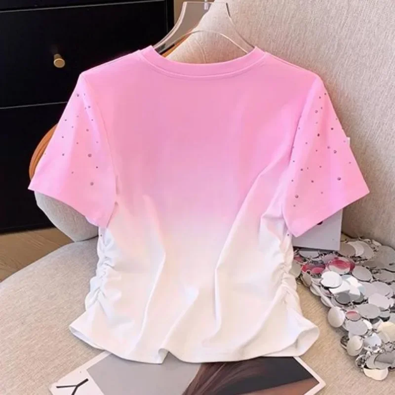 Neploe Fashion Tie Dye Gradient O-neck T-shirts 2024 Summer New Diamond Tops Women Y2k Short Sleeve Pink White Tee Shirt