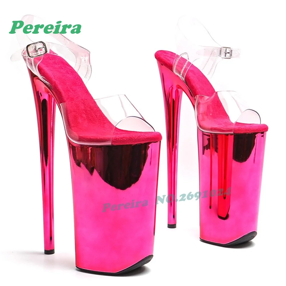 

26Cm Metallic Hot Pink Platform Pole Dance Sandals Clear Pvc Ankle Strap Stiletto Heels Sandals Buckled Slingback Splicing Shoe