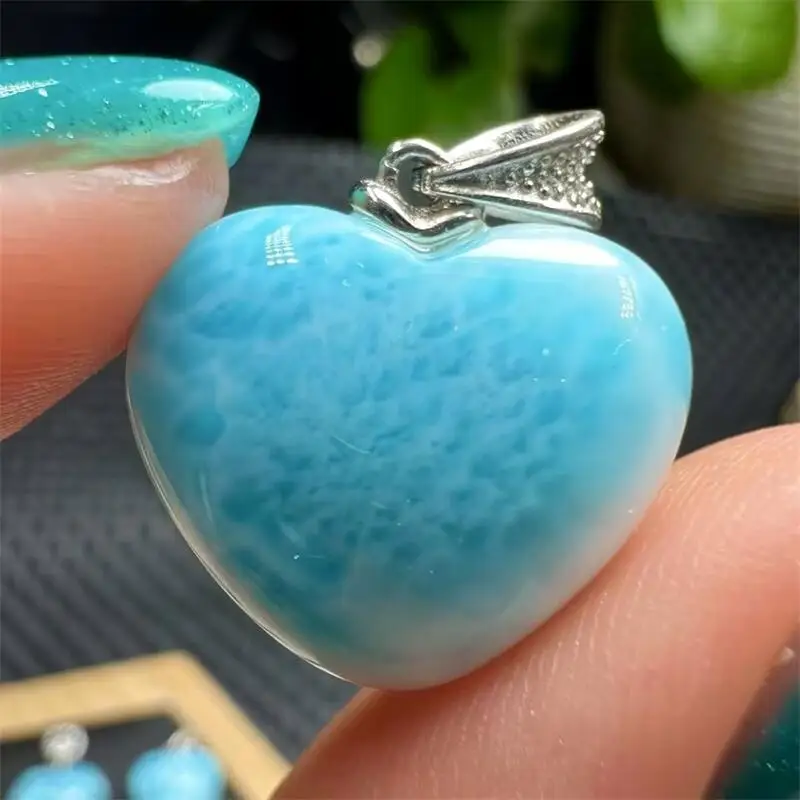 

S925 Natural Larimar Heart Pendant Healing Gemstone Figurine Fashion For Women Gift Jewelry Accessories 15MM