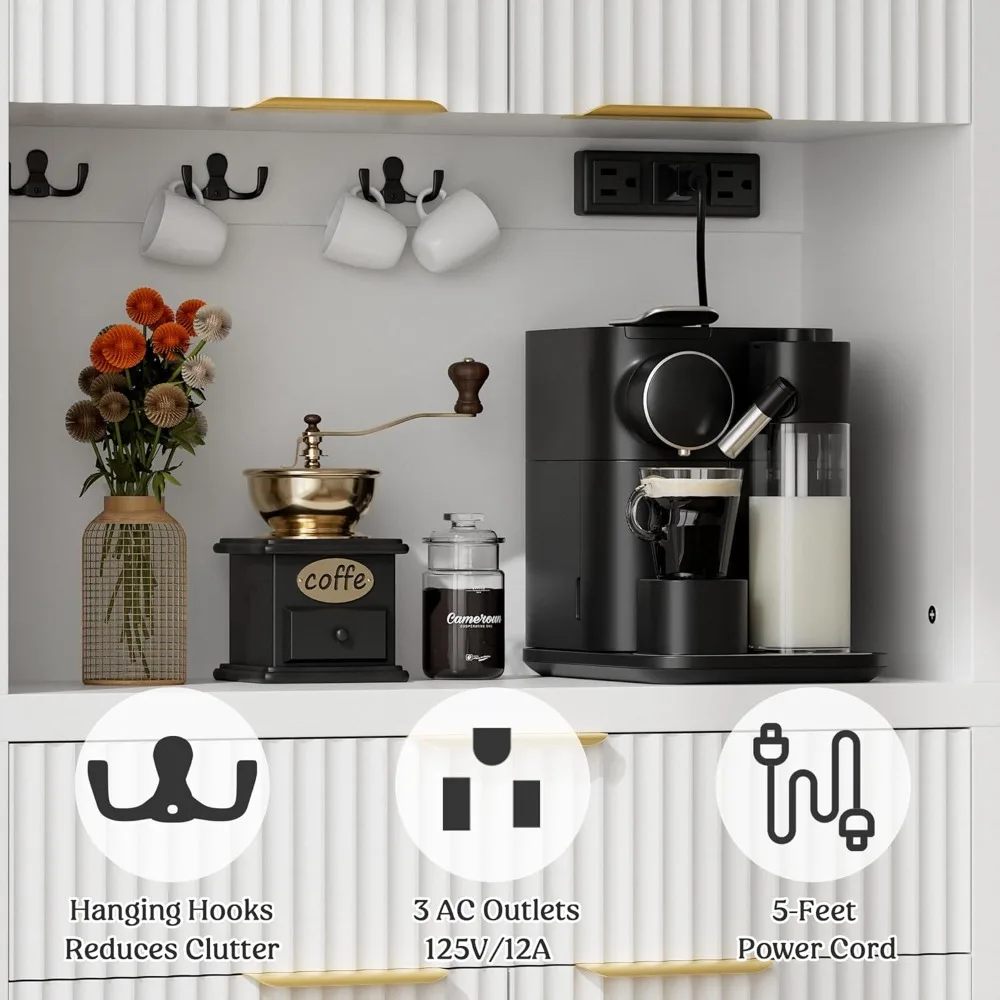 

White Fluted Pantry Cabinet with Charging Station, Adjustable Shelves, Spacious Kitchen Storage Organizer with Open Count