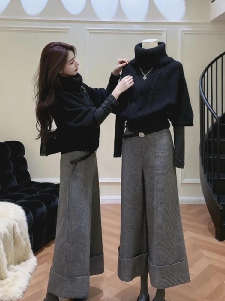 

Sli High Ne Sweater And Wide Leg Pants Set Bla Plaid Two Piece Winter Faion Women's Casual Loose Fit Autumn Wear