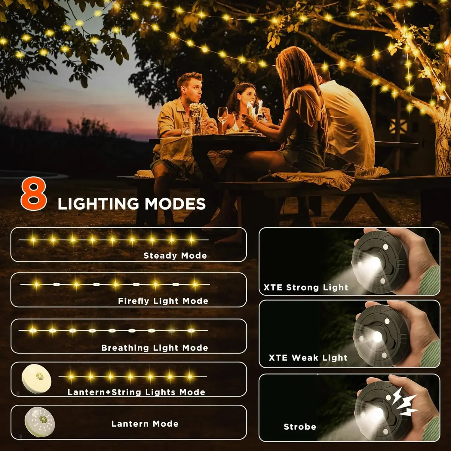 Camping String Lights 2 in1 Outdoor Waterproof Portable Stowable String Light with Lighting Modes USB Camping Lights for Hiking