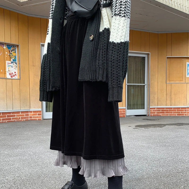 Vintage Lange Rokken Voor Dames Koreaanse Y 2K Meisjes Hoge Elastische Taille A-Lijn Geplooide Rok Herfst Winter Mode Kleding