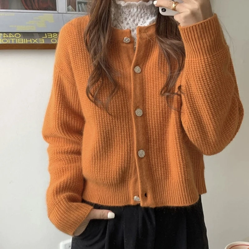 

Кардиган из 100% чистой шерсти, женский свитер с круглым вырезом, осенне-зимний вязаный универсальный удобный короткий свитер, хит продаж
