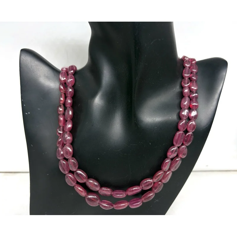 

Two Line Ruby Necklace 20” Oval Smooth 8–10mm Gemstone Beads Sterling Silver