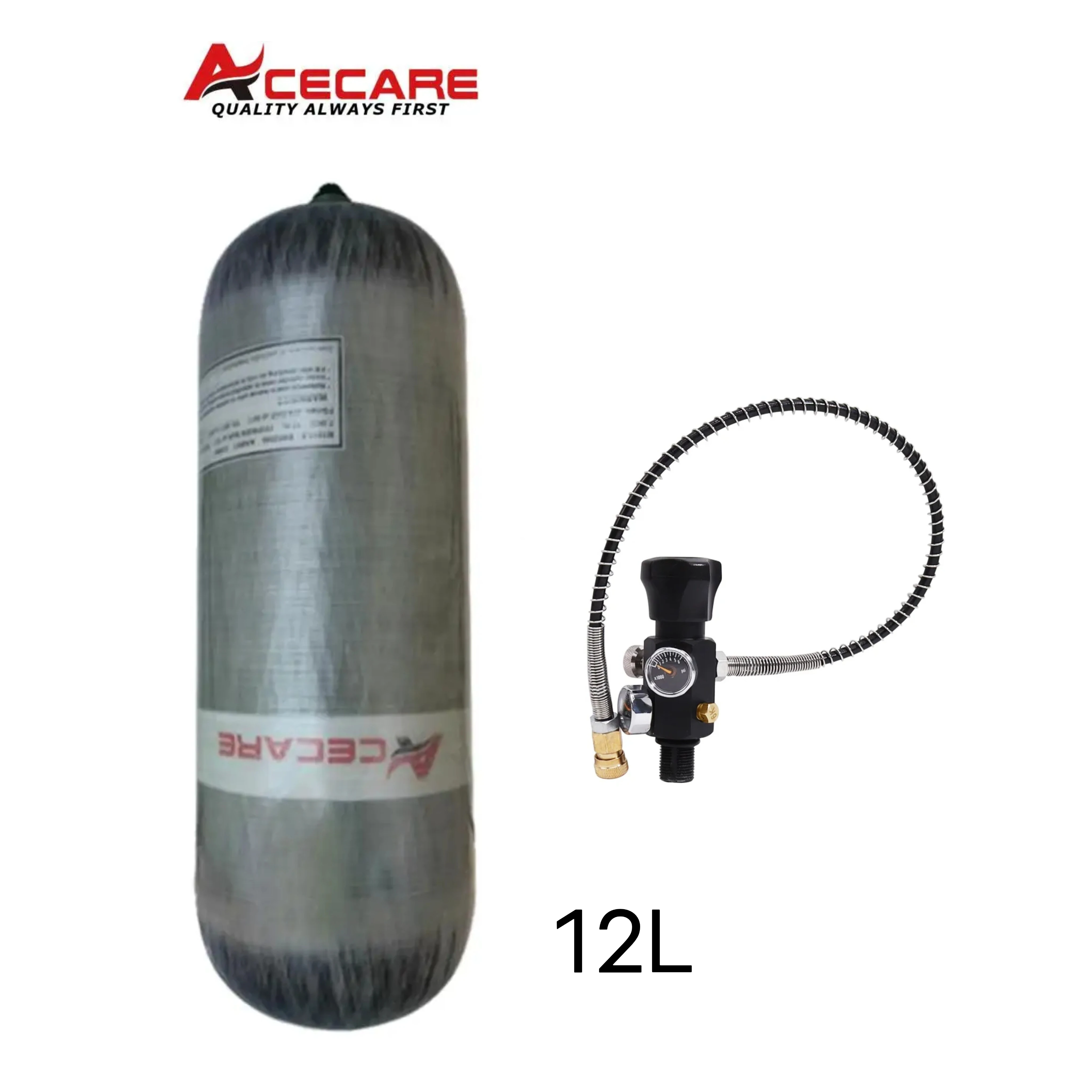 ACECARE 4500Psi 12L High Pressure Tank with Double Meter Regulating Valve Carbon Fiber Cylinder for Scuba Diving M18*1.5