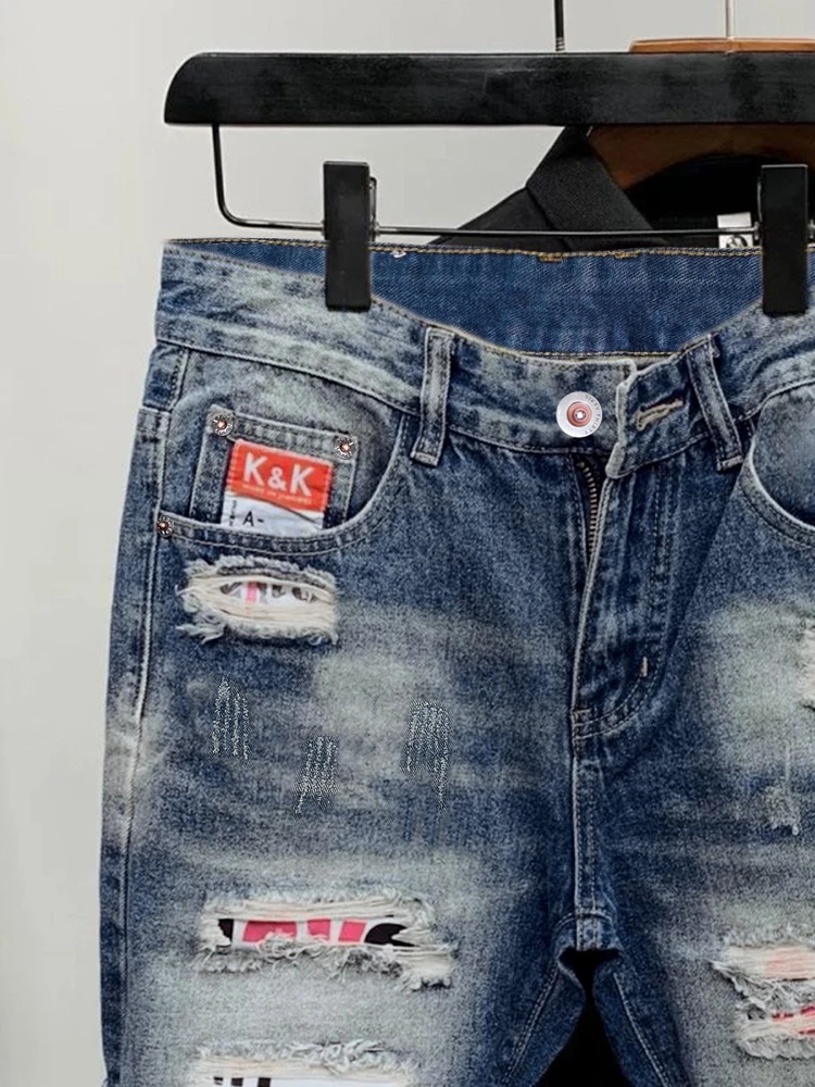 2026 Summer Ripped Straight Men Denim Shorts Korean Fashion Streetwear Blue Vintage Jean Slim Luxury Trend Male Brand Clothes view 3