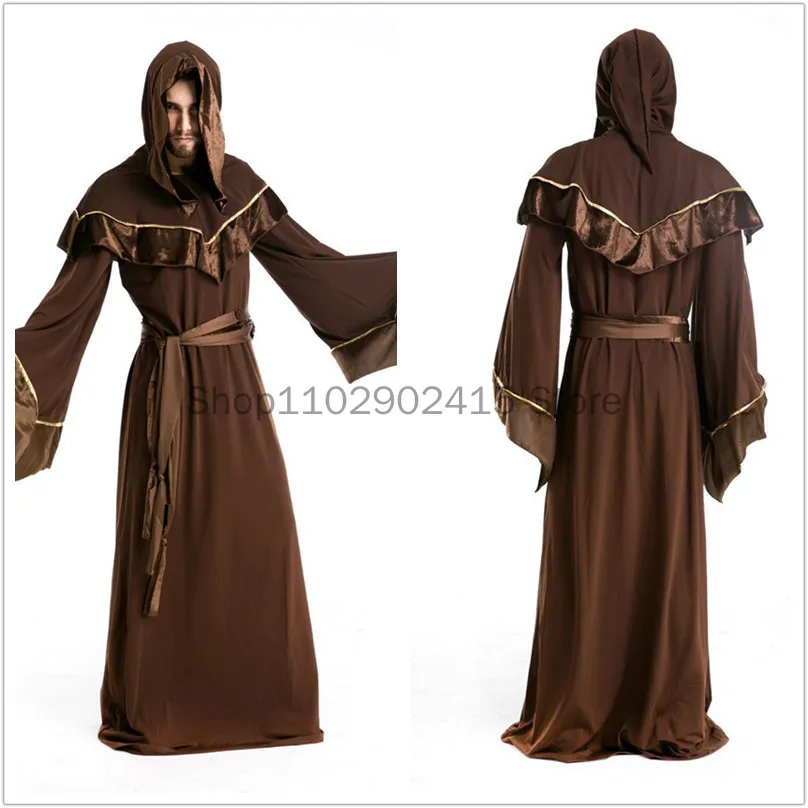 

Medieval Religious Monk Priest Costume For Men Halloween Sorcerer Friar Tuck Male Hooded Gown Robe Cape Shawl Cloak Fancy Outfit