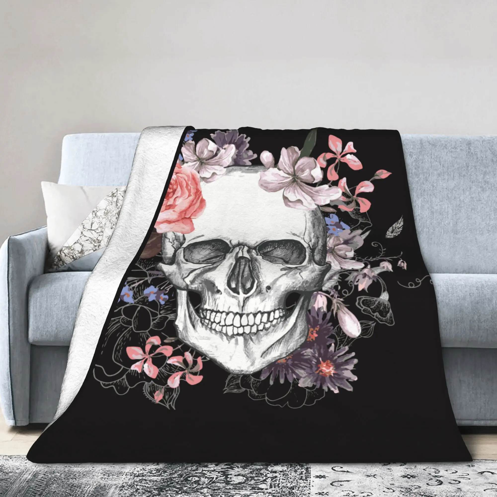 Floral Skull Vintage Blanket Cover Flannel Day of the Dead Super Warm Throw Blankets for Airplane Travel Bed Rug