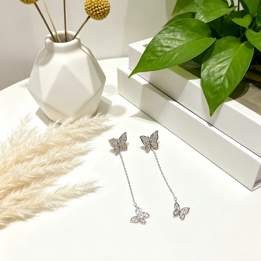 Luxury 925 Sterling Silver Thread Earrings Women Girl Crystal CZ Two Butterflies Brinco Eardrop Jewelry Wholesale Silver Gift