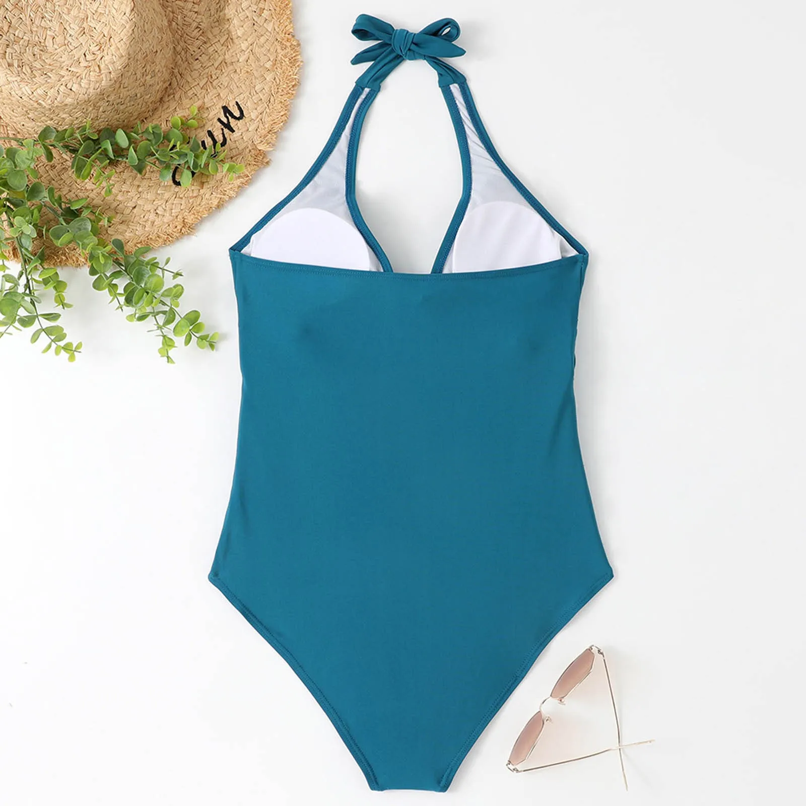 Ladies Classical One-Piece Swimsuit Solid Color V-Neck Sleeveless Swimming Accessories Perfect For Swimming Lessons And Pool