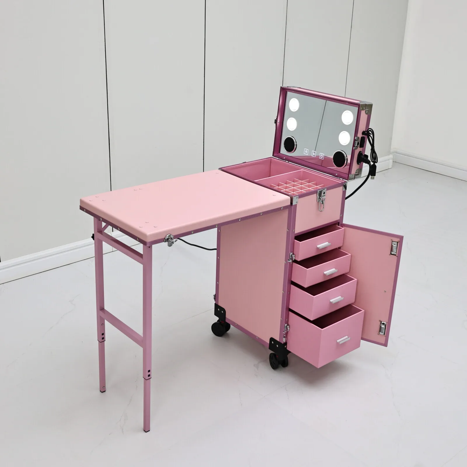 Rosa, tragbarer Manikürtisch mit LED-Spiegel, Schubladen und Rollen, zusammenklappbarer, rollbarer Nagelstudio-Tisch mit Stuhl, Salonmöbel für Nageldesigner. – Detail 6
