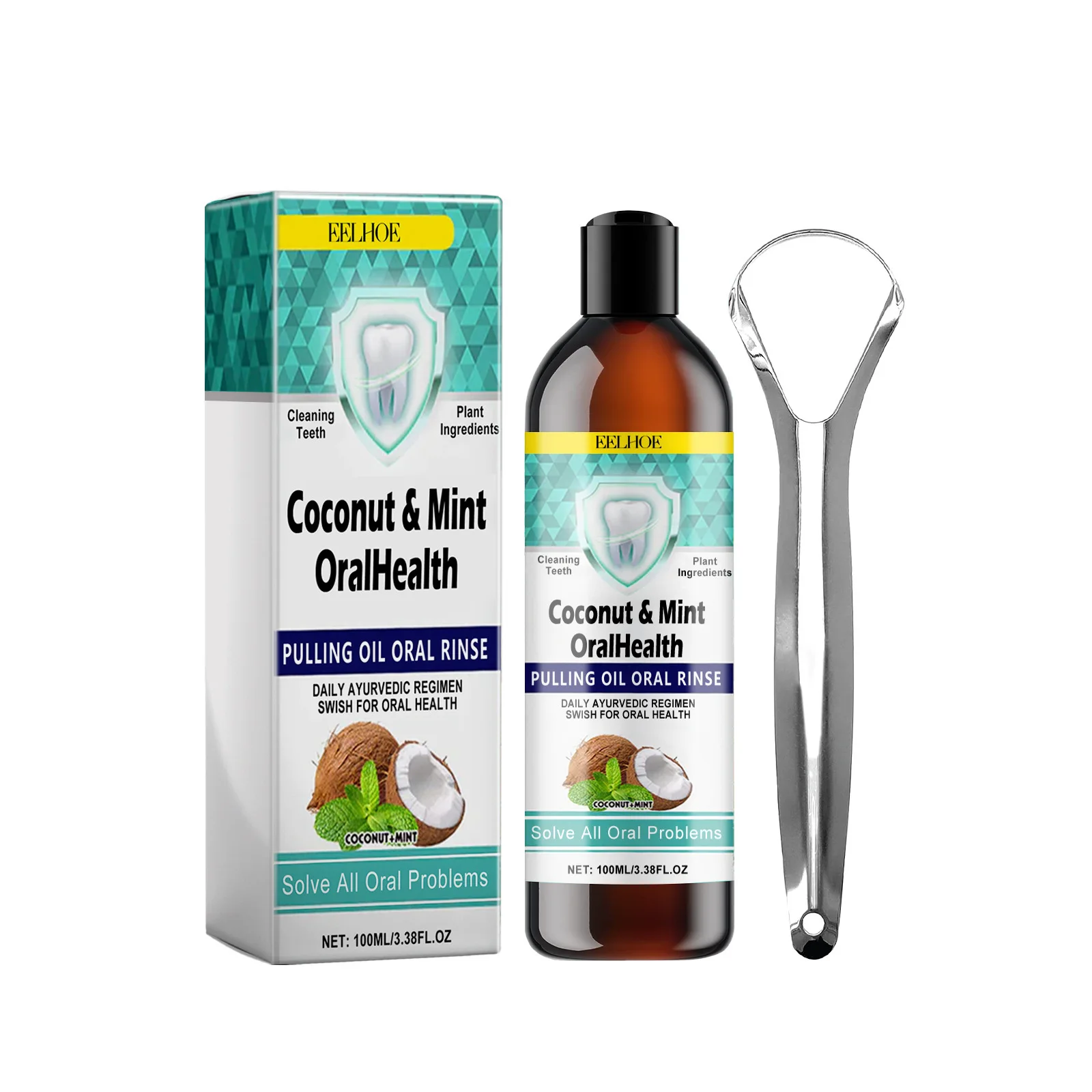 Coconut Oil Pulling Mouth Wash for Bad Breath Alcohol-Free Dental Care Kit Mint Mouthwash Teeth Cleaning Metal Tongue Scraper