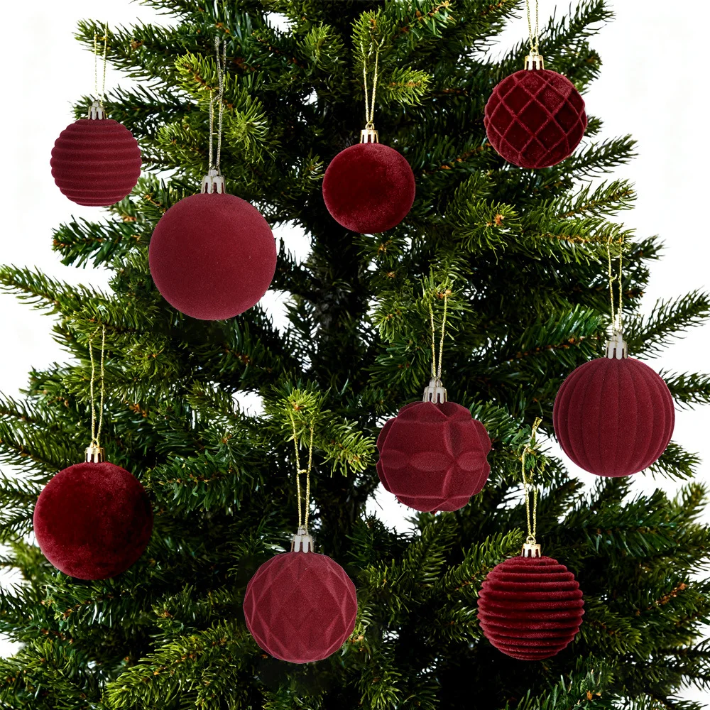 6 cm weinrote Samt-Weihnachtskugeln für Weihnachtsbaum, beflockte Weihnachtskugel, hängende Pendents, Navidad, Festival, Party, Heimdekoration, Zubehör