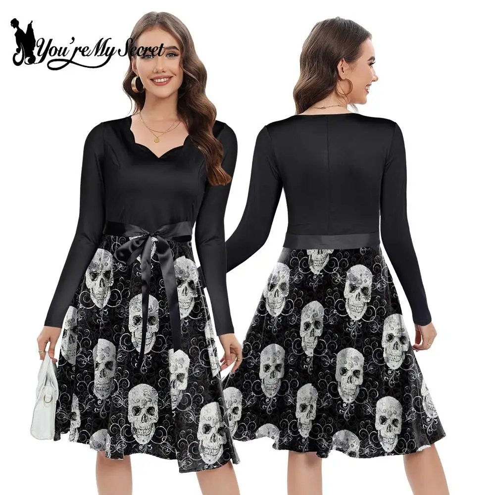 

[You're My Secret] Halloween Carnival Rose Skull 3D Printing Black Gothic Vintage Long Sleeve Dress Women Elegant Party Dress