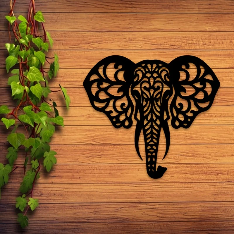 2D Flat Elephant Head Metal Wall Art, Iron Ornament for Living Room Bedroom Office Hallway Decor