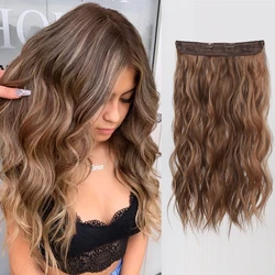 女性のための目に見えないワイヤーヘアエクステンション、調節可能なサイズ、クリップ、長い波状のヘアピース、透明、ゴールデンブラウン、1個