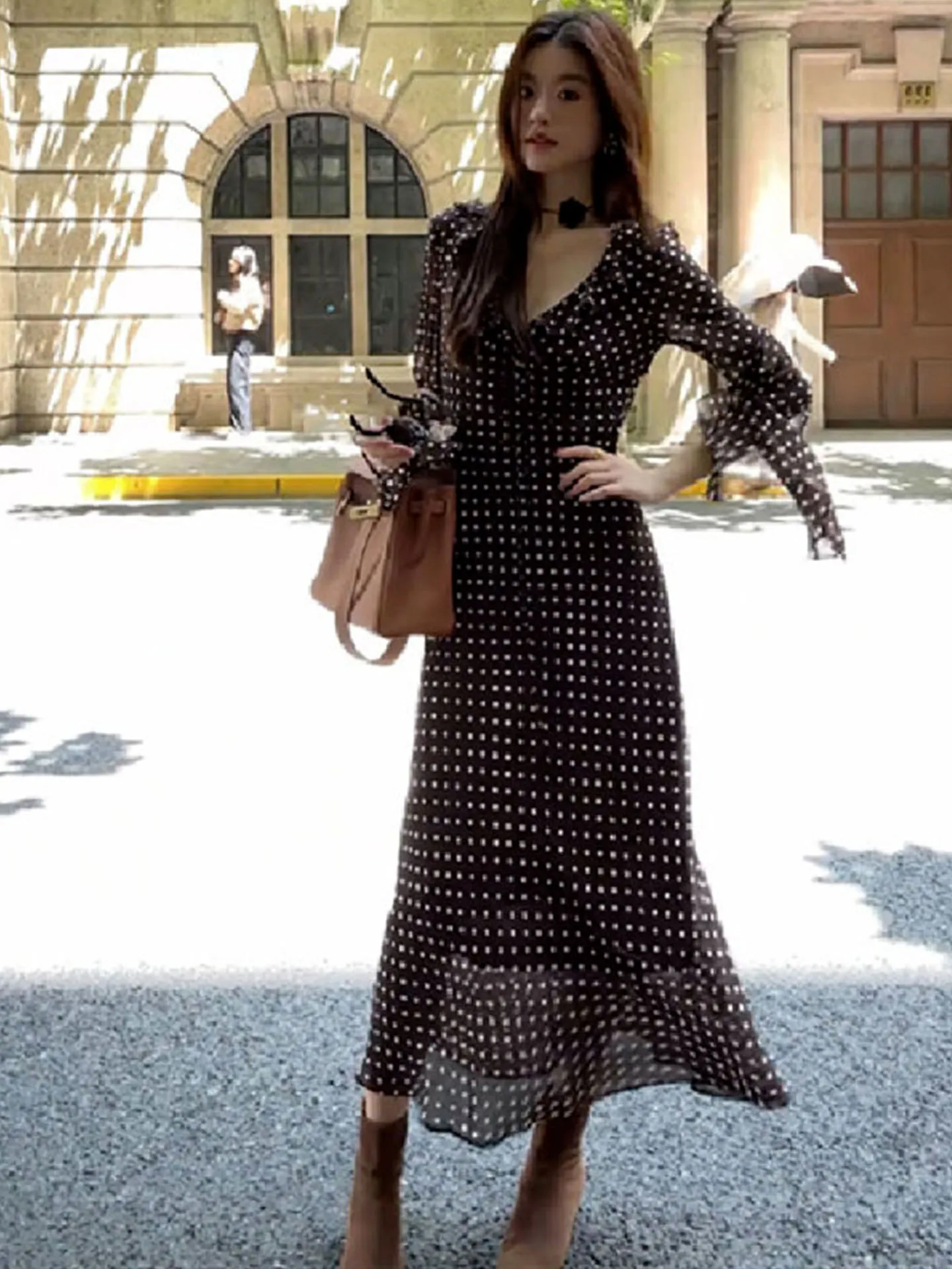Retro Polka Dot Long Sleeve V Neck Dress Women's High Waist a Line Long Skirt Autumn New Style French Style Casual Korean Series