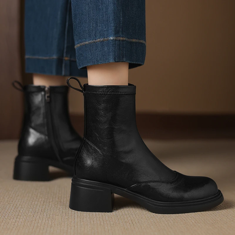 2026 new autumn winter women ankle boots plus size 22-26cm stretch microfiber round toe thick heel side zip short boots fashion