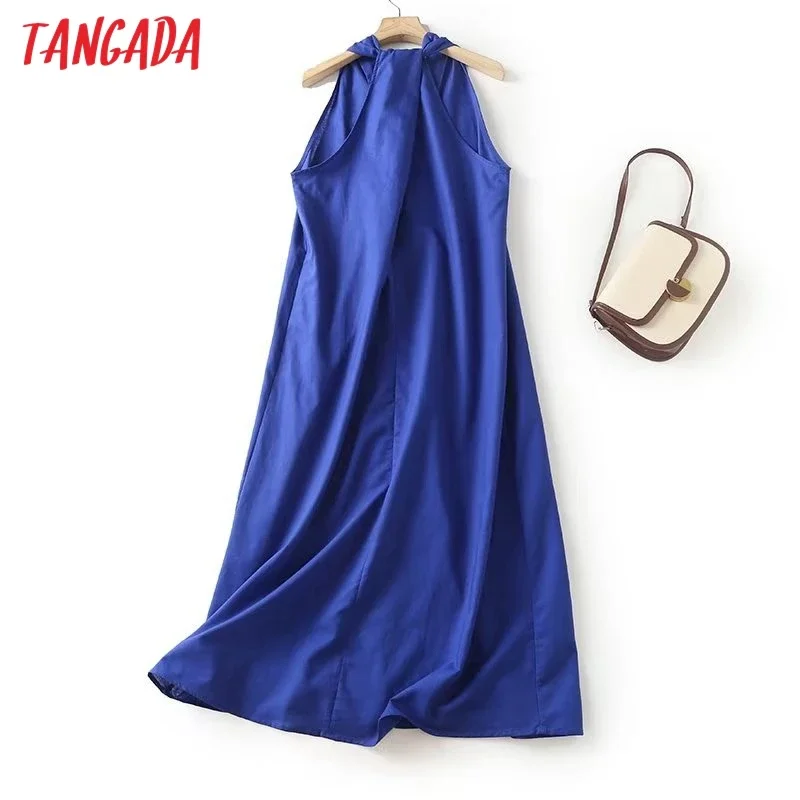 Tangada 2024 Women Blue V Neck Cotton Linen Dress Ladies Sleeveless Elegant Dresses 4C120