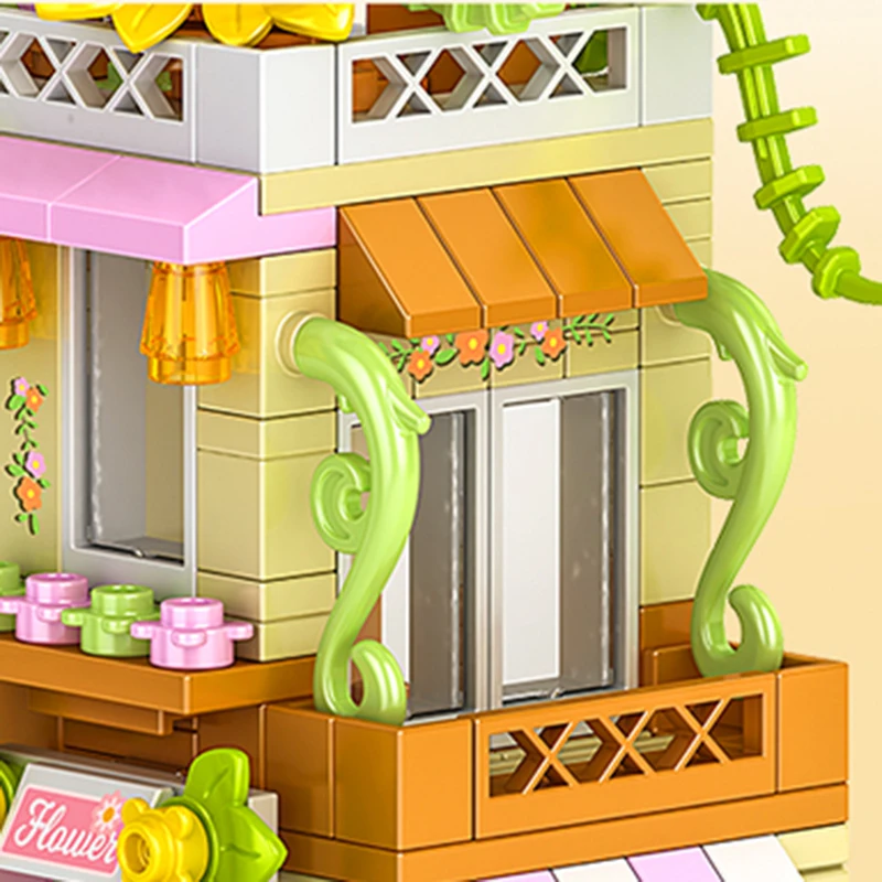 City Building Blocks Flower Shop Sunflower Store House Model Set Desktop Decor Kids DIY Toys Christmas Birthday Gift