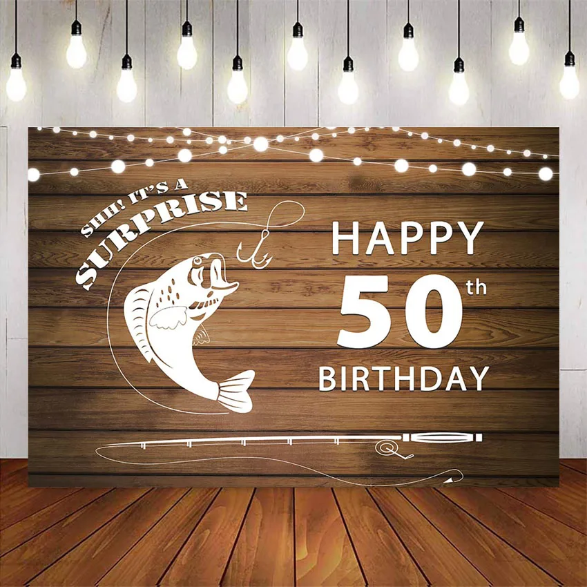 Rustic wood wall happy 50th birthday backdrop for party decoration It's a surprise 7x5ft background fishing theme birthday party